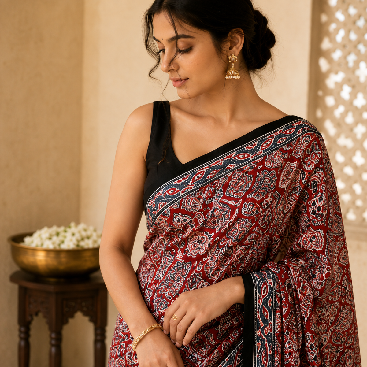 Ajrakh Viscose Silk Mirror Work Saree- Red