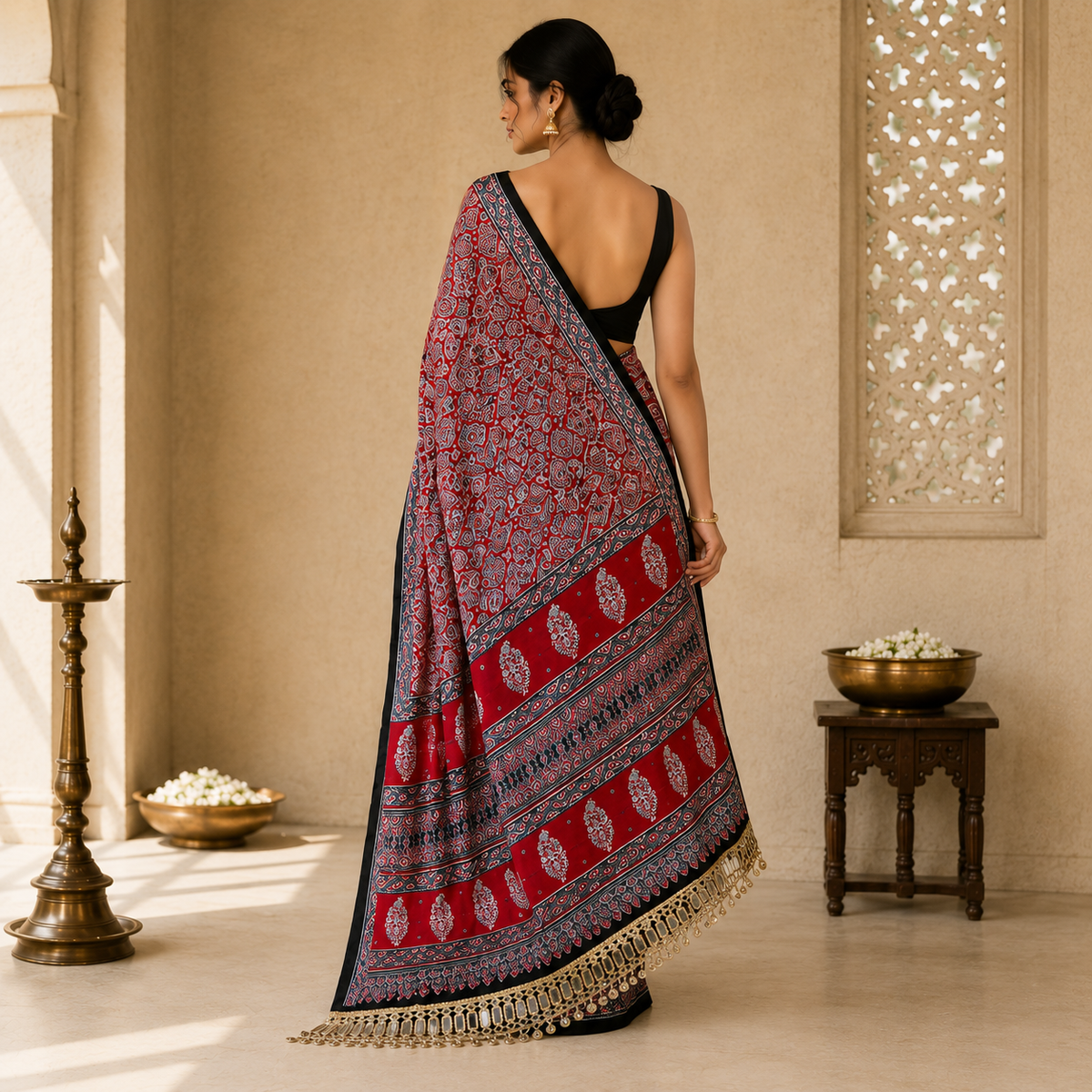 Ajrakh Viscose Silk Mirror Work Saree- Red