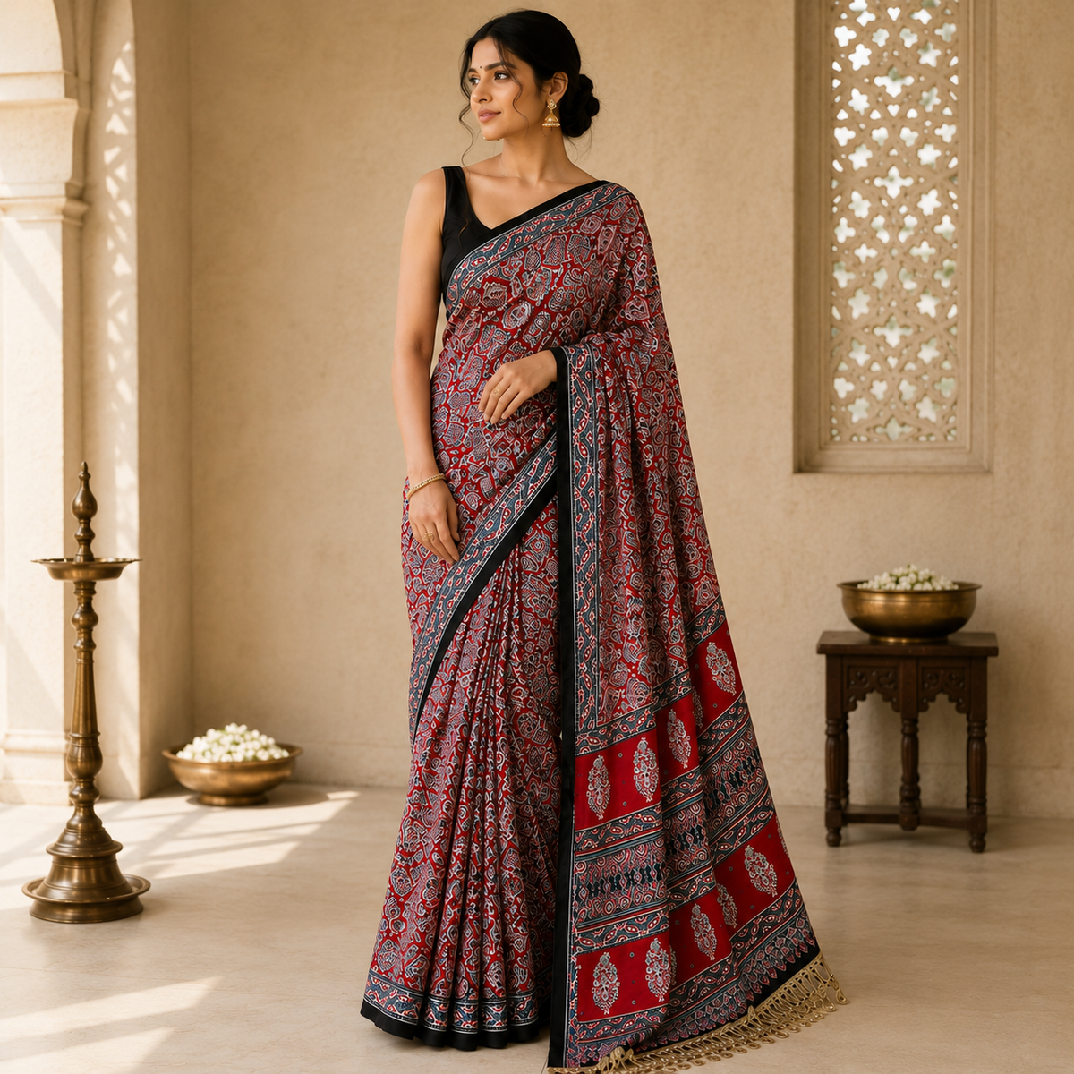 Ajrakh Viscose Silk Mirror Work Saree- Red