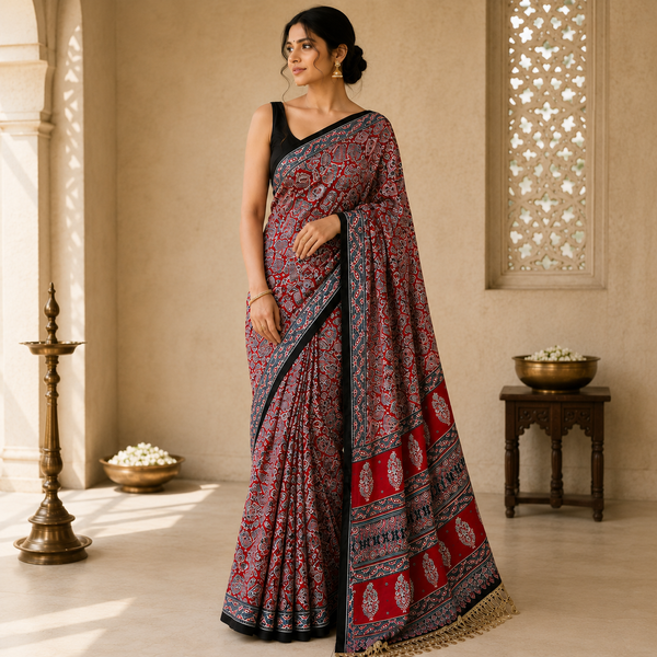 Ajrakh Viscose Silk Mirror Work Saree- Red