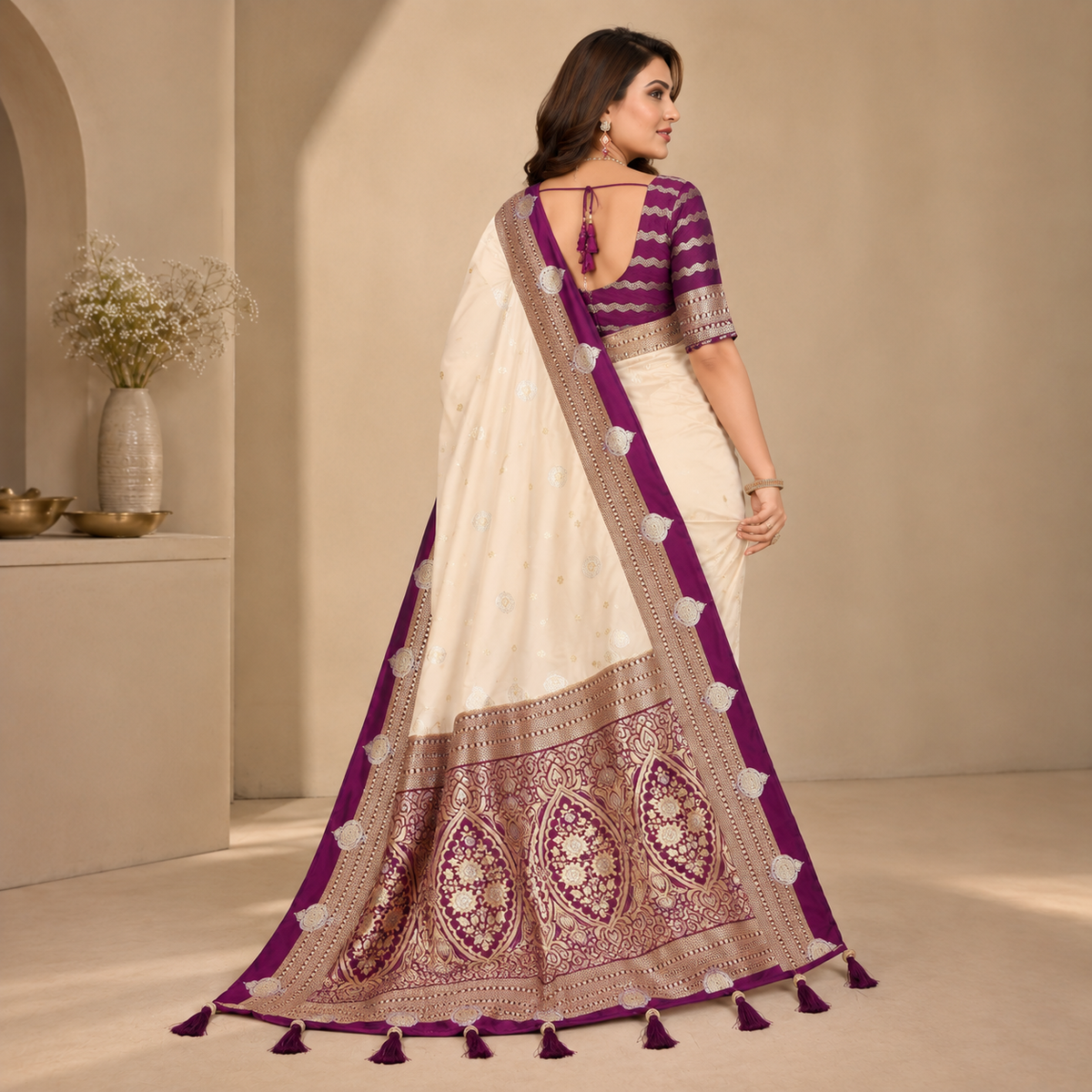 Kalamkari Banarasi Silk Saree - beige